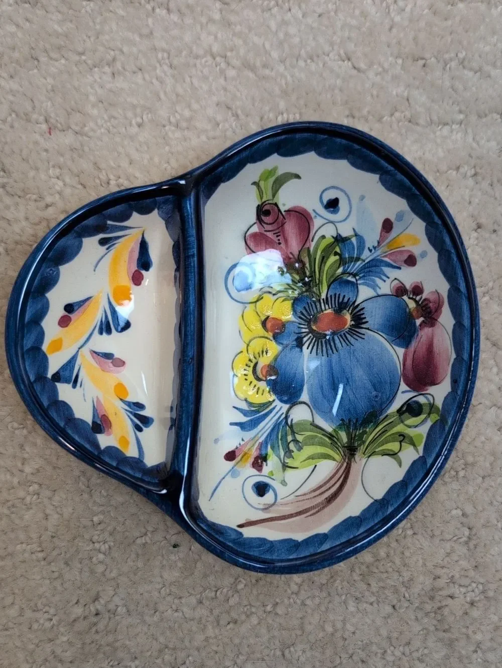 Faireal Portuguese Hand-Painted Floral Ceramic Olive Dish Vintage